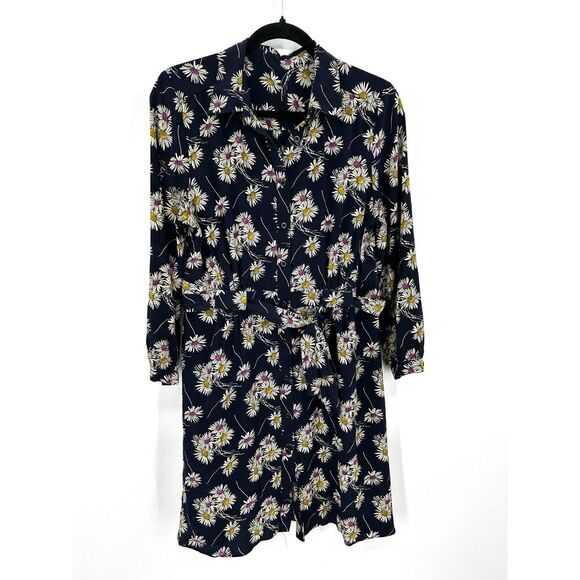 PRADA Navy Blue White 100% Silk Daisy Print Button Up Long Sleeve Mini Dress 8 - Picture 1 of 8